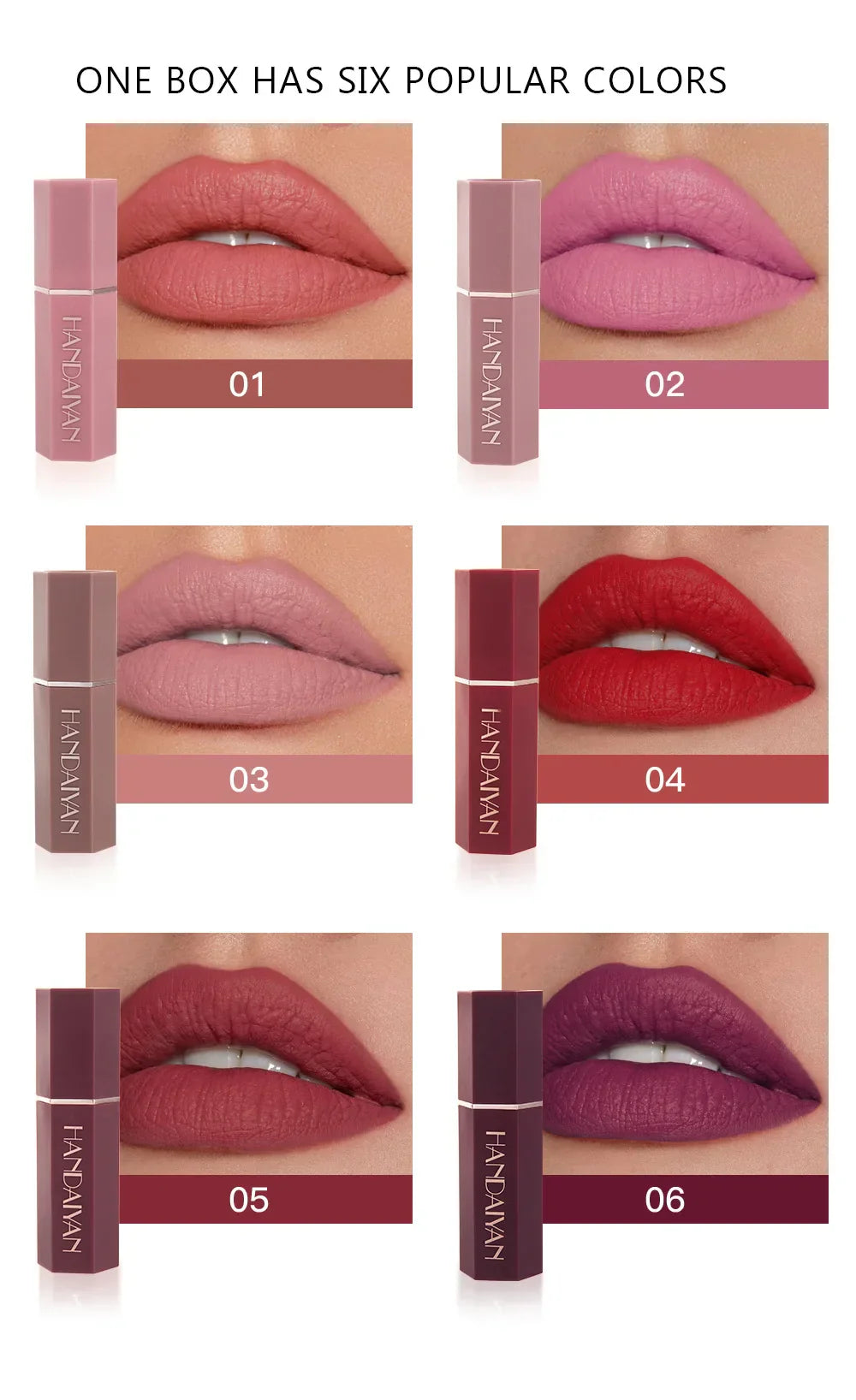 Handaiyan Matte Lipstick Kit swatches showing six waterproof shades from nude and pink to bold red and purple.