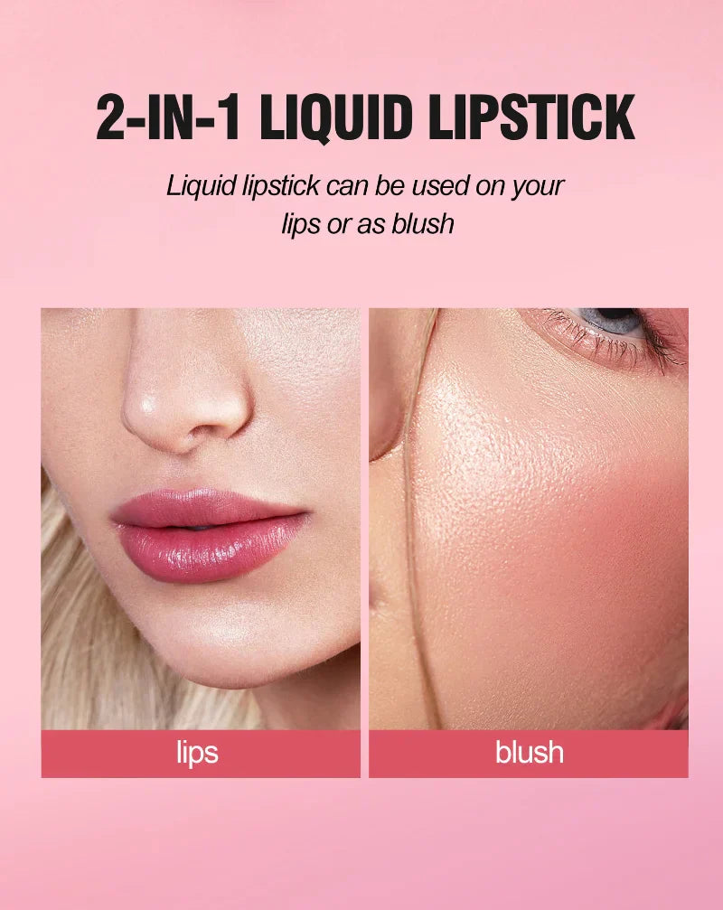 2-in-1 moisturizing liquid lipstick and cheek blush stain applied to a woman's lips and cheek for a vibrant pink glow.