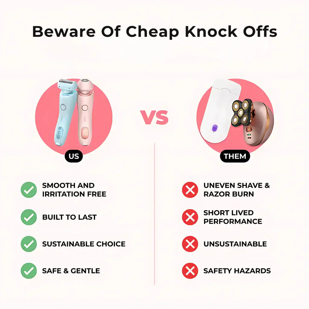 Comparison chart of SilkGlide Pro 2-in-1 electric shaver for women versus low-quality razors highlighting smooth skin.