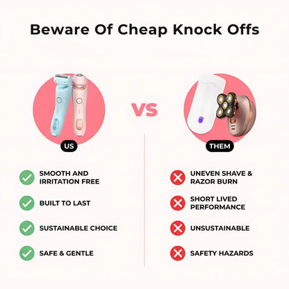 Comparison chart of SilkGlide Pro 2-in-1 electric shaver for women versus low-quality razors highlighting smooth skin.